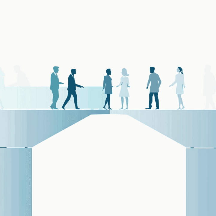 Silhouettes of diverse healthcare professionals walking across a bridge, symbolizing collaboration and connection in healthcare technology solutions