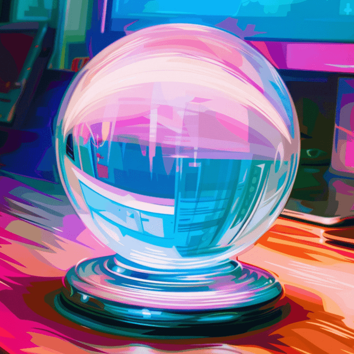 Crystal ball on an executive desk in front of glowing EHR dashboards, symbolizing data as a tool for seeing the future.