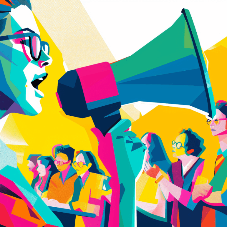 Colorful illustration of a staff member speaking through a megaphone to colleagues, symbolizing frontline voices amplifying insights for leadership decisions.
